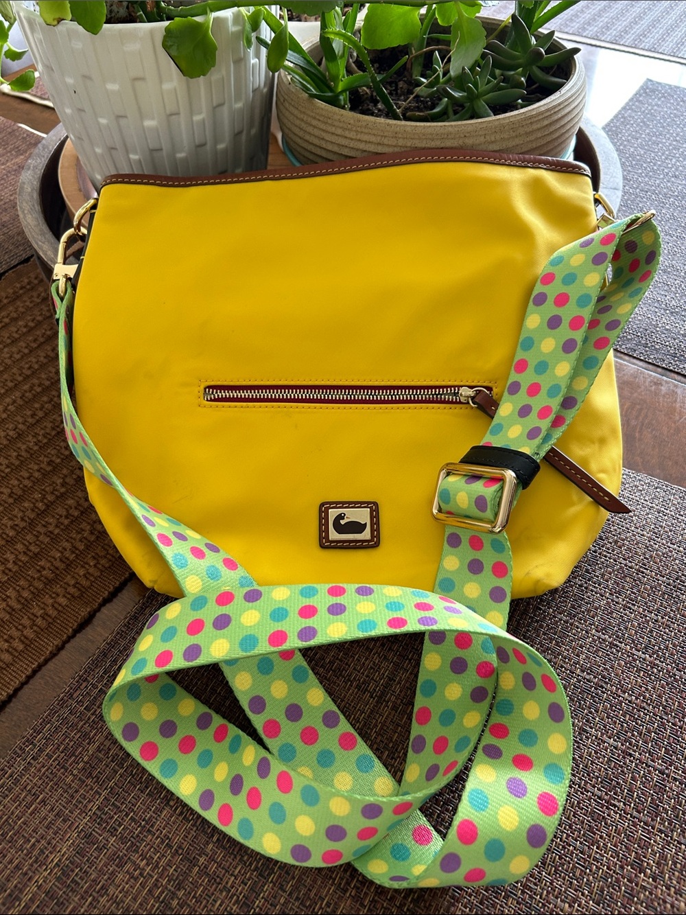 Dooney & Bourke Yellow Crossbody with Multicolor Polka Dot Strap